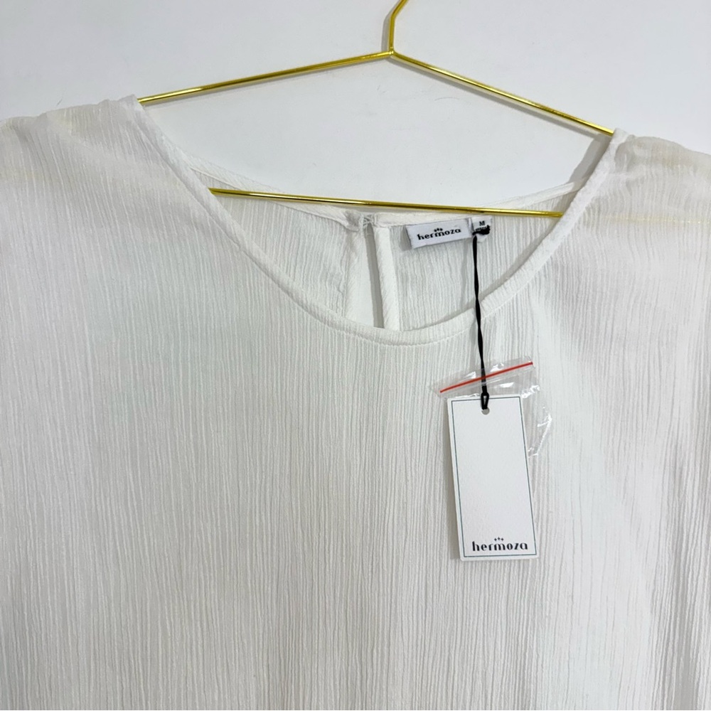 Hermoza White Cotton Gauze Short Sleeve Elastic Waist Romper Swim Coverup NWT M - Picture 8 of 11